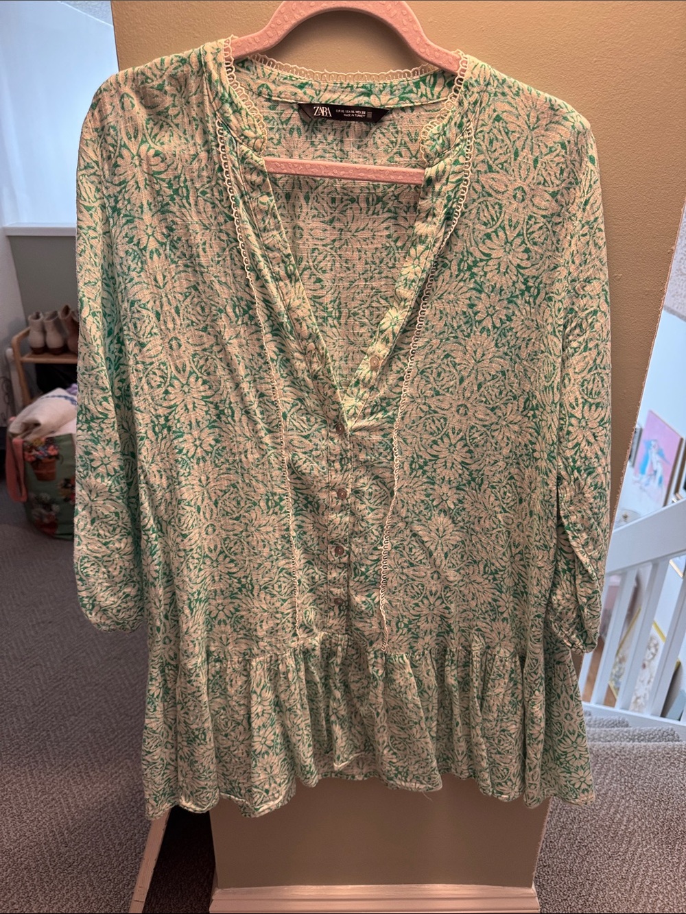 ZARA Green and White Printed Peasant Tunic